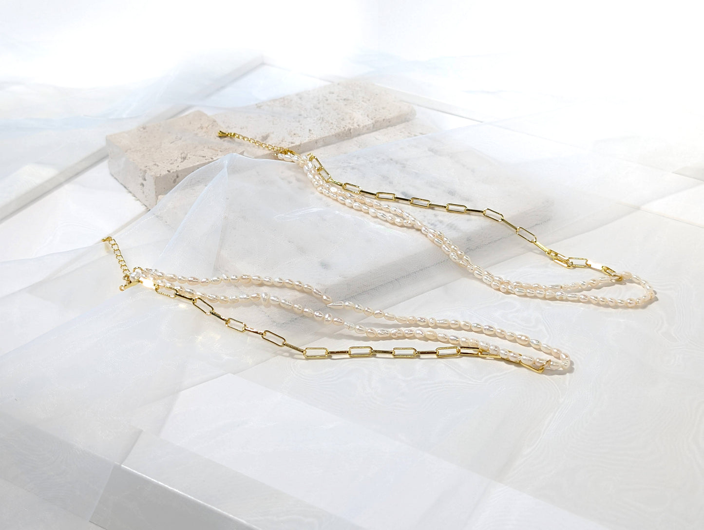 珍珠混搭長方形鍊項鍊