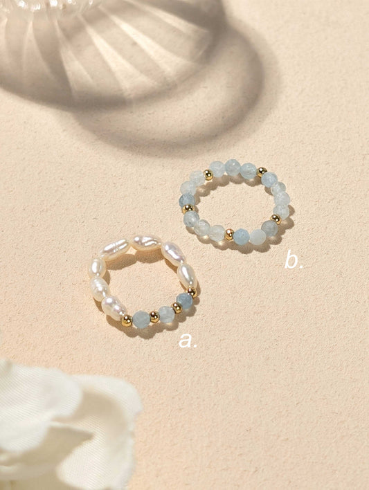 珍珠 海藍寶 天然石串珠戒指 JIEGEM 姊的珠寶