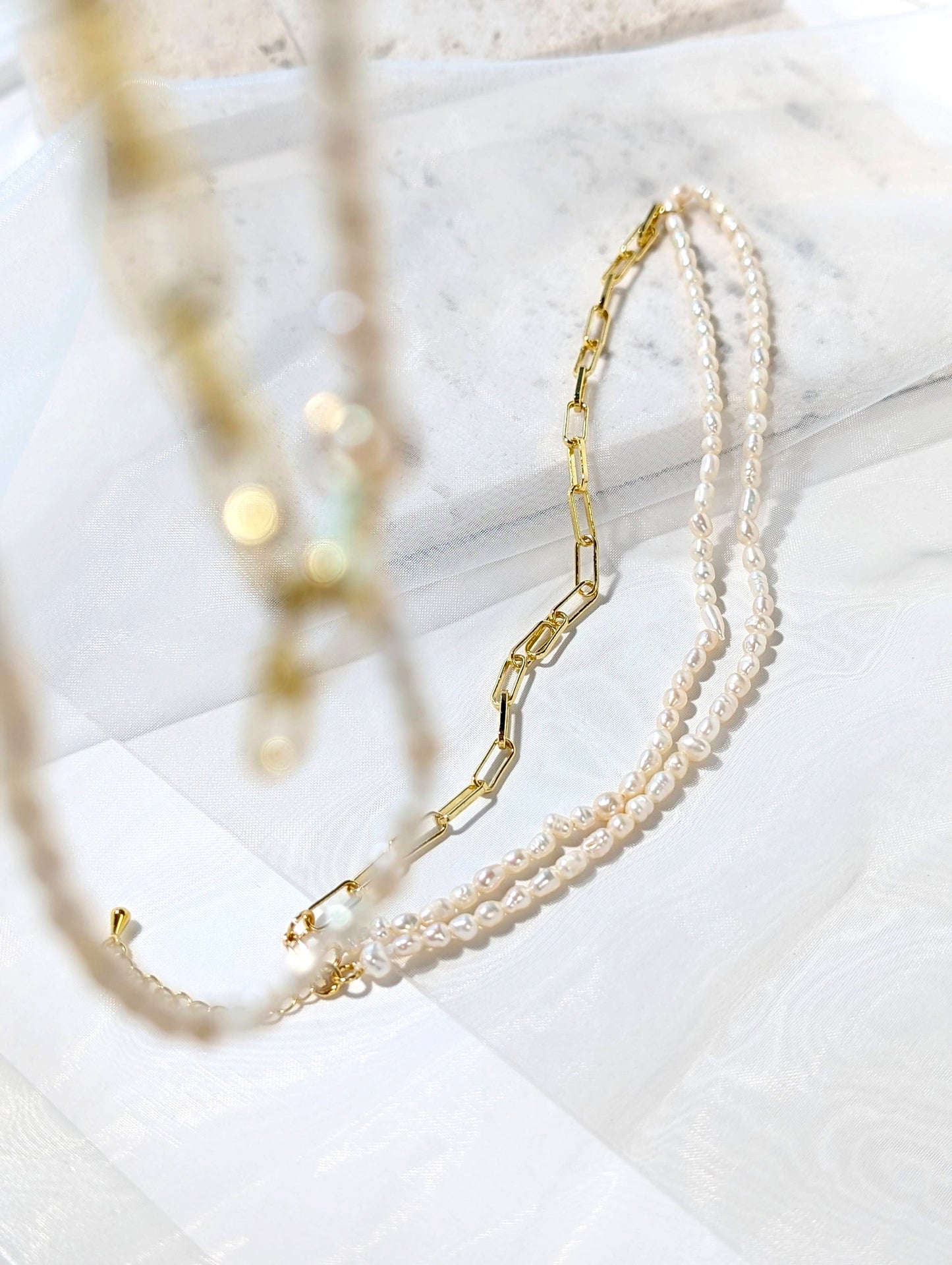 珍珠混搭長方形鍊項鍊