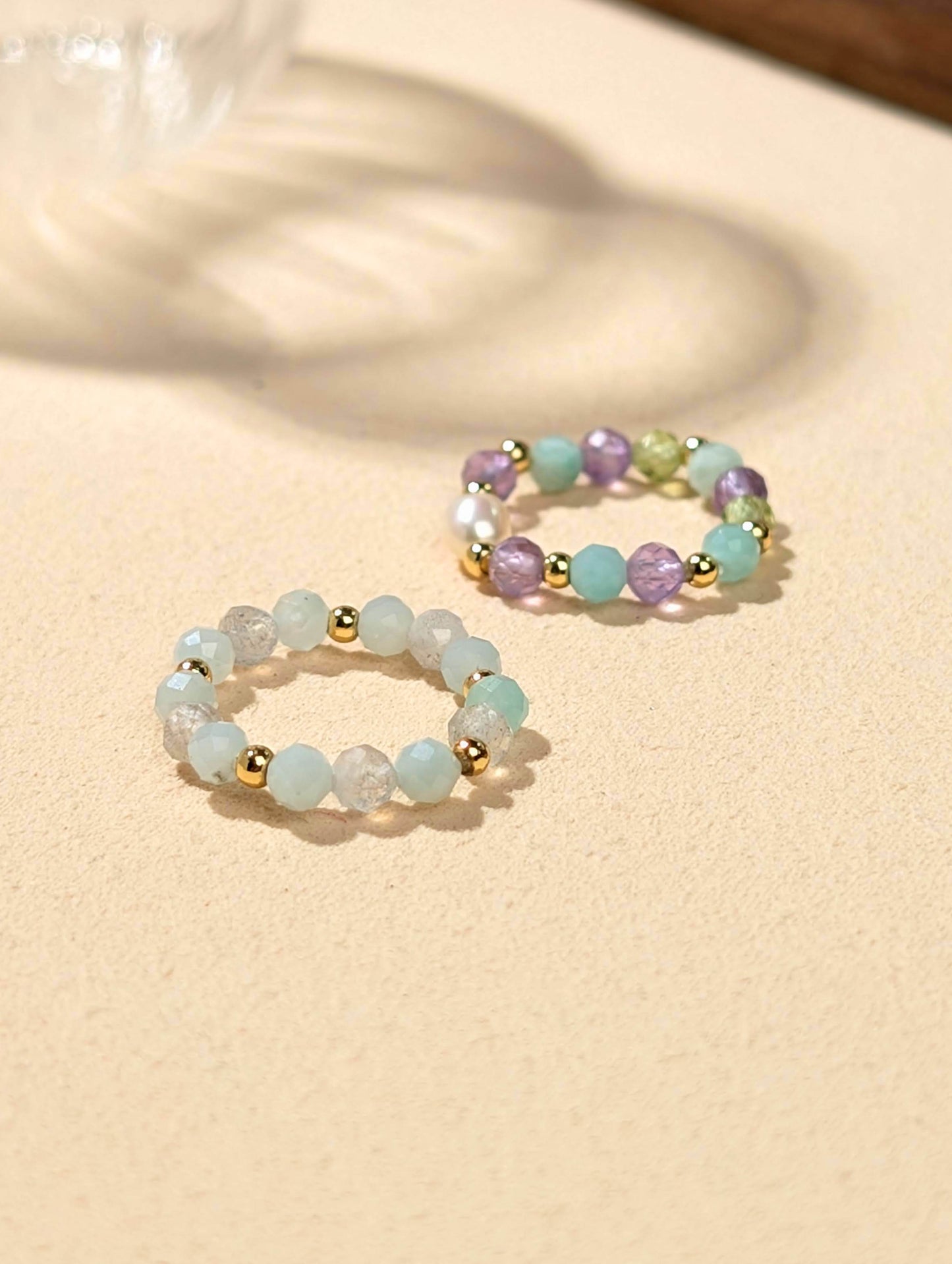 天河石 月光石 紫水晶 橄欖石 珍珠 天然石串珠戒指 JIEGEM 姊的珠寶