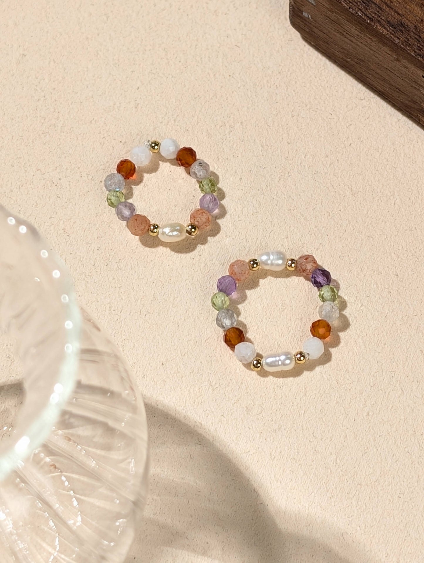 珍珠 紫晶 太陽 紅瑪瑙 月光 橄欖 天然石串珠戒指 JIEGEM姊的珠寶