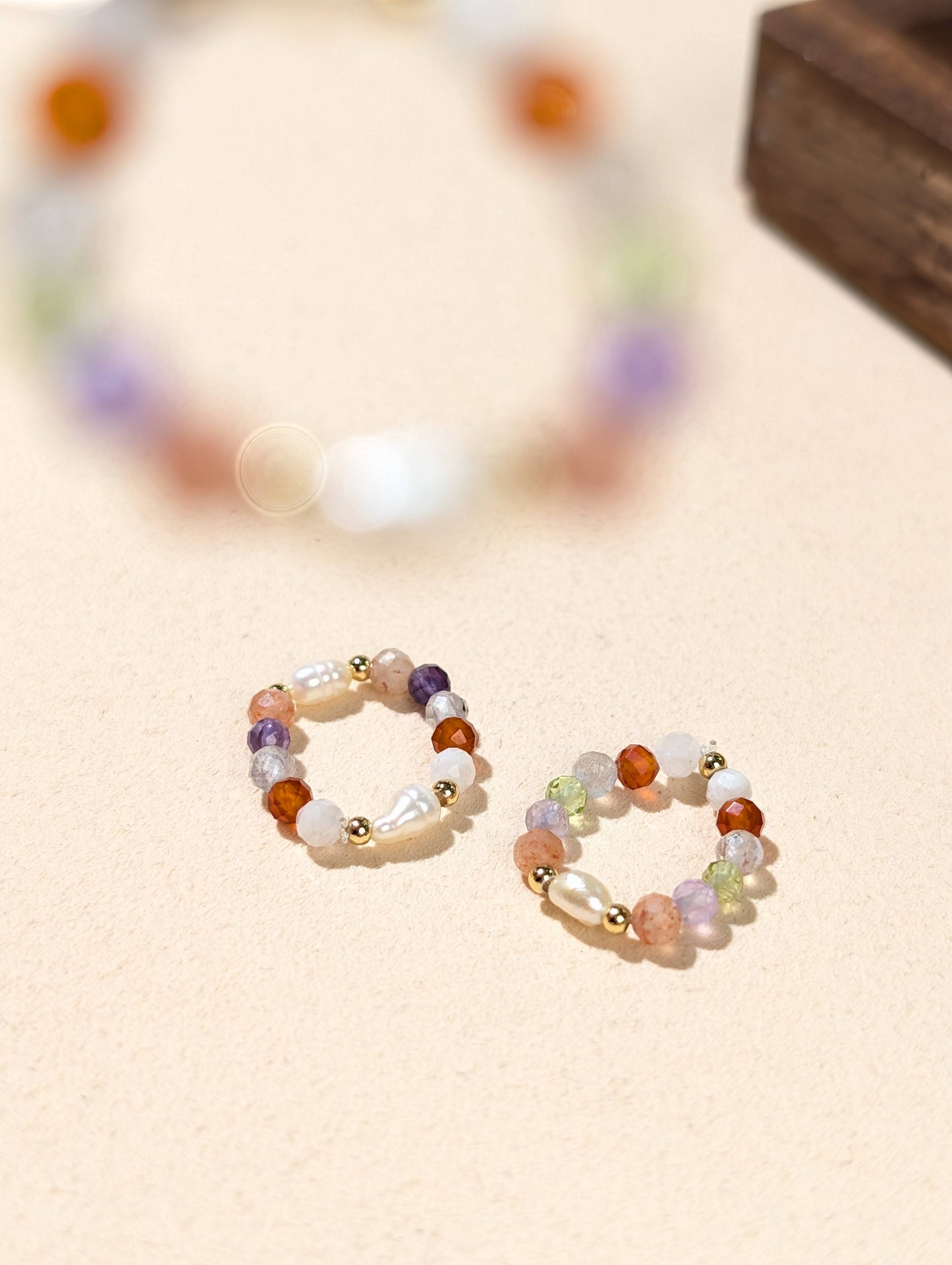 珍珠 紫晶 太陽 紅瑪瑙 月光 橄欖 天然石串珠戒指 JIEGEM姊的珠寶