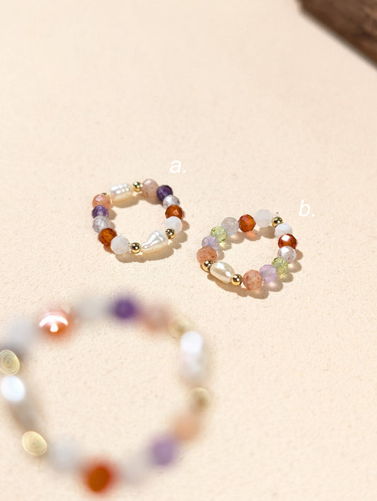 珍珠 紫晶 太陽 紅瑪瑙 月光 橄欖 天然石串珠戒指 JIEGEM姊的珠寶