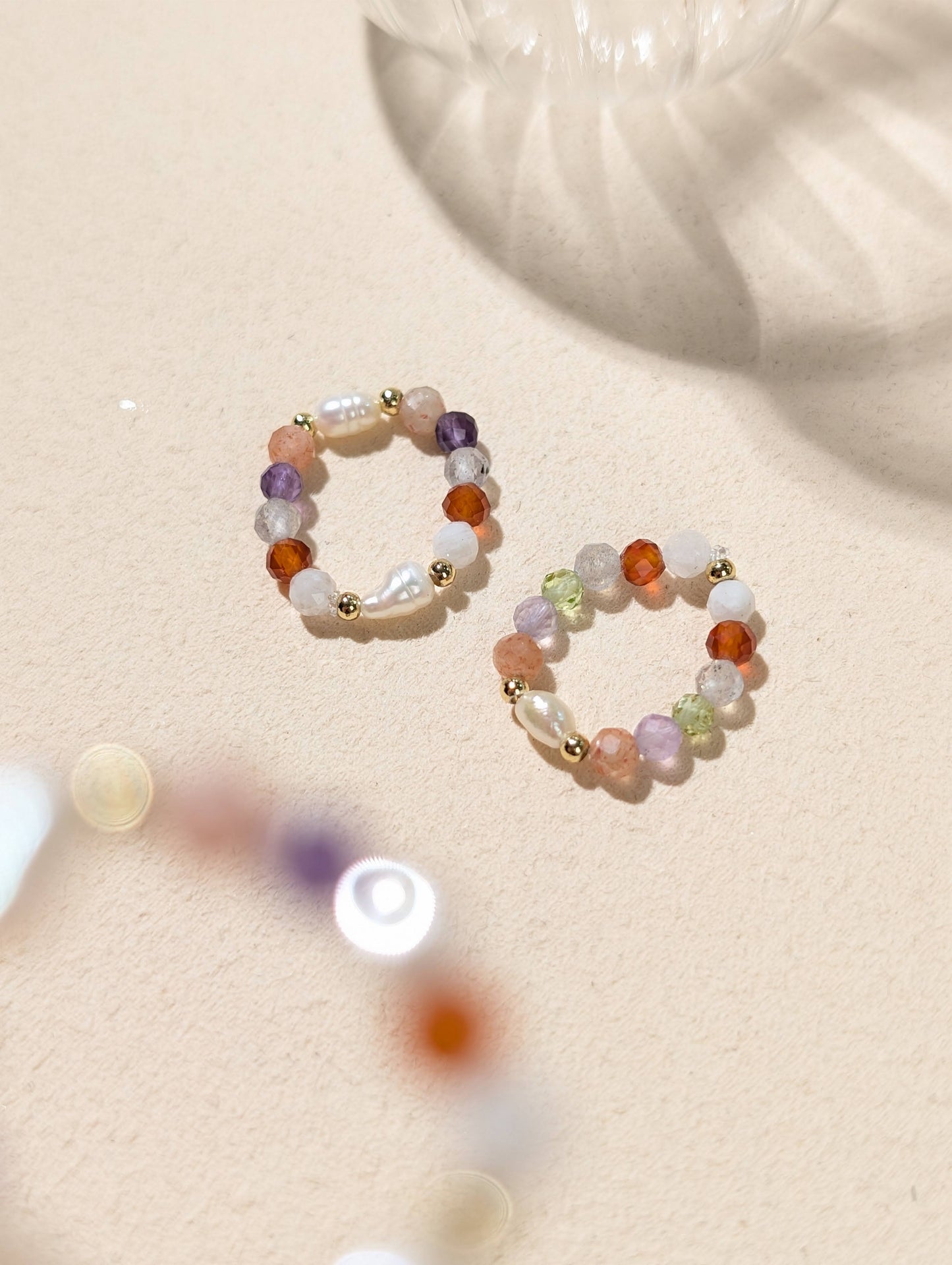 珍珠 紫晶 太陽 紅瑪瑙 月光 橄欖 天然石串珠戒指 JIEGEM姊的珠寶