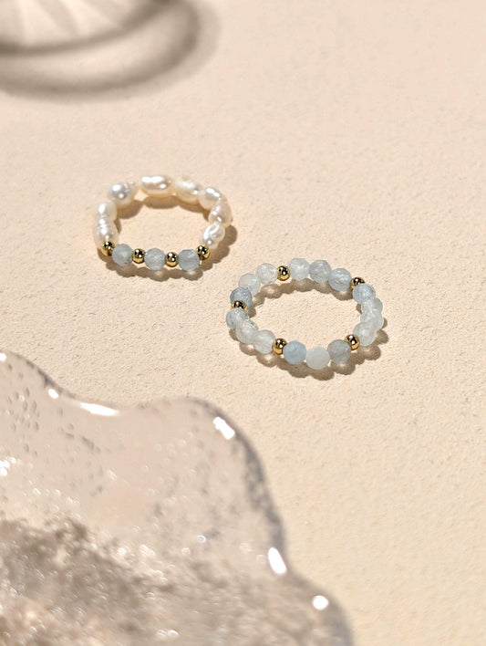 珍珠 海藍寶 天然石串珠戒指 JIEGEM 姊的珠寶