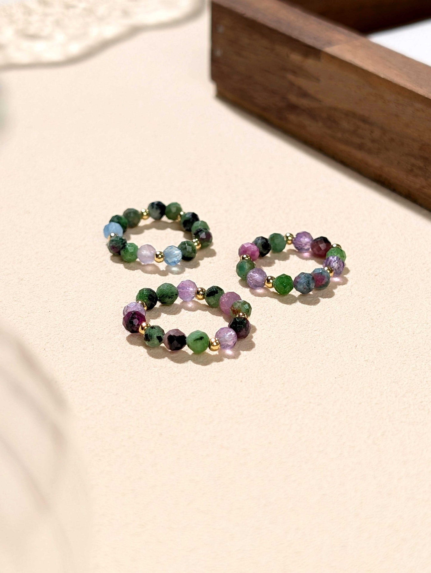 紅綠寶 海藍寶 紫水晶 天然石串珠戒指 JIEGEM 姊的珠寶