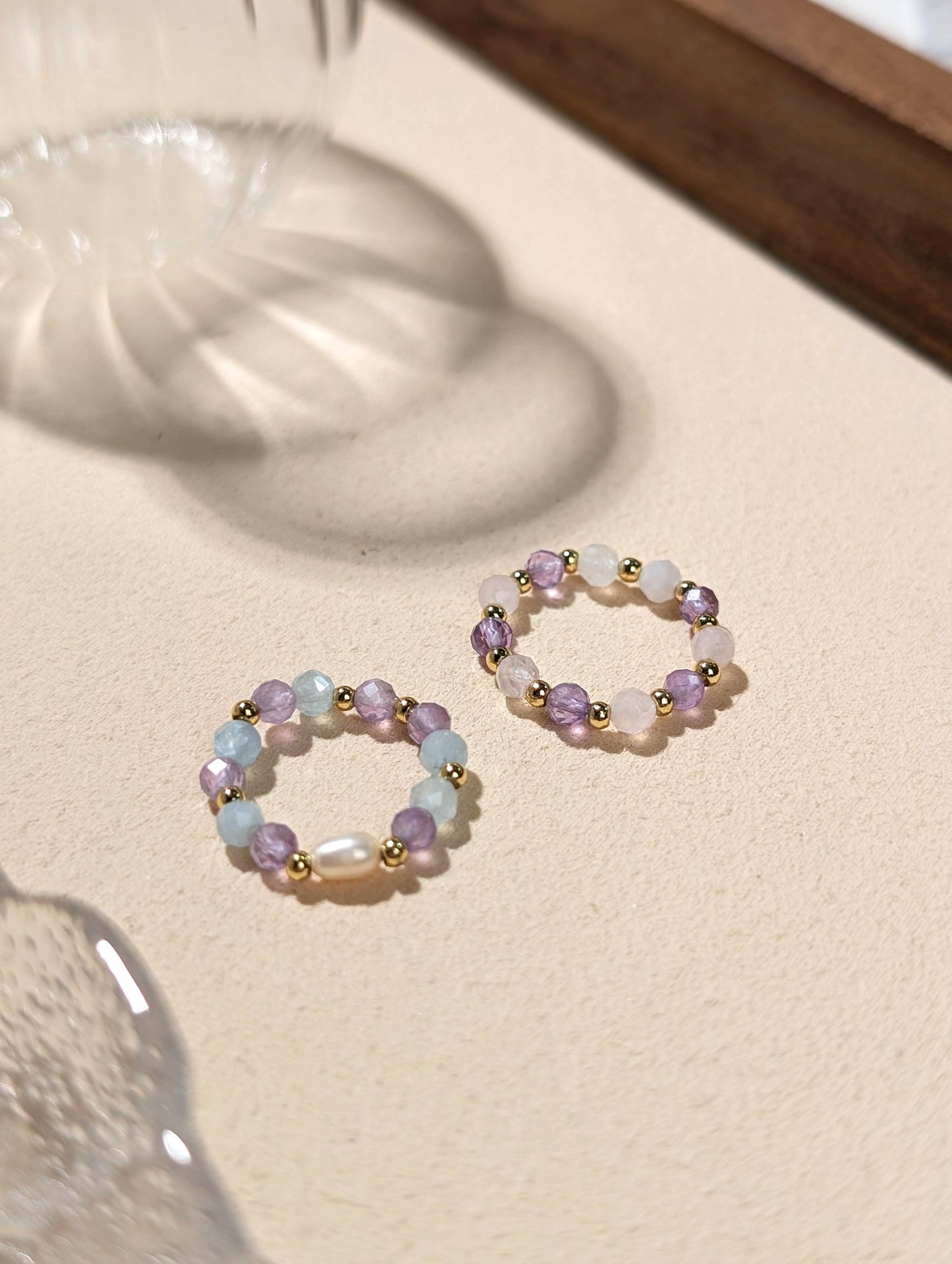 紫水晶 海藍寶 粉晶 珍珠 天然石串珠戒指 JIEGEM 姊的珠寶